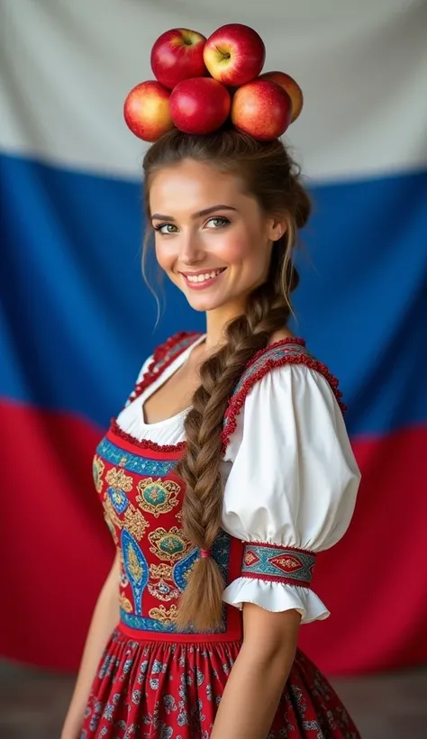 Russian　woman　A very beautiful woman　smile　Big Breasts　Wearing national costume　The person&#39;s entire body must be visible　The image must clearly show the limbs　Face facing straight ahead　Standing in front　There are no obstacles obscuring the person　Only...