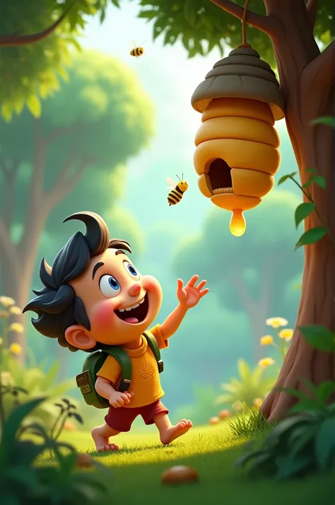 Bablu dablu jo cartoon hai usme se jo bablu hai  vo jungle me gaya hai aur vo ek ped pe se honey bee ke chatte  utarne ke liye apna hand upar karke usko utarna chahta hai par sahed bahot upar ped par lagi hai animated 3d picture of bablu
