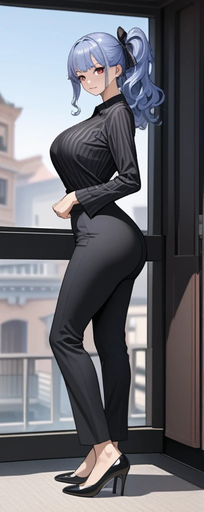 ((masterpiece)), ((high quality)),((ultra-detailed)), ((extremely detailed)),(((one piece))), 4K,8K,office lady, 2, office pants, suit, black slim fit pants, skin tight pants, black striped patterned shirt, tuck in shirt, a beautiful woman, very tall woman...