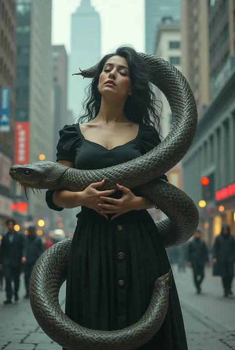 A scene of a woman with her body connected to a snake eating a living creature in a city background