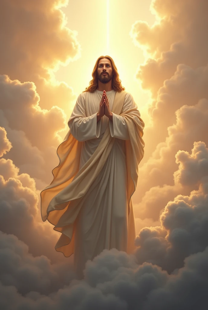 Image of Jesus Christ between the clouds and the sun, with his Cloak and hands in the prayer position