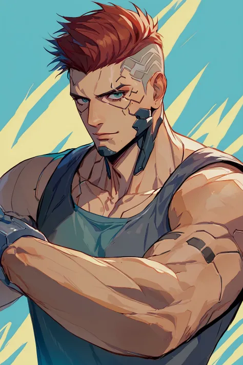 muscular man, masculine man with some cyberpunk style cybernetic implants, wearing cyberpunk style clothes, cyberpunk style city in the background, 2D DRAWING, 2D ART, 2D STYLE