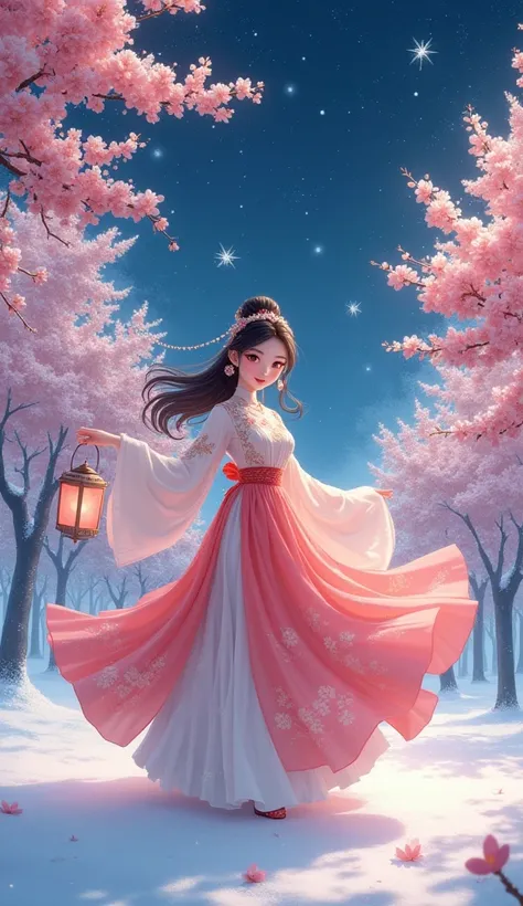 Cartoon Asian traditional peach blossom forest with white snow falling under the night sky,Beautiful cute girl wearing sheep wool cloak, elegant costume and gorgeous headdress。Big, bright eyes，Colorful clothing，Lots of details，The clothes have exquisite em...