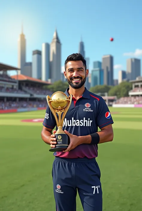  A man with   ICC t20 t20 trophy with name mubashir and number 71 in cricket ground Melbourne Australia 
