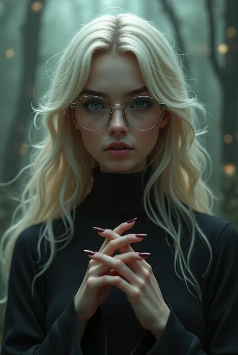 Dark Fantasy Art, mysticism, otherworldly, haze of mist, (((medium full shot))), (best quality, ultra-detailed:1.3), (nice hands, perfect hands), official art, cinematic light, (1girl:1.3), adulthot girl, long blonde, Wear clear glasses, golden ratio detai...