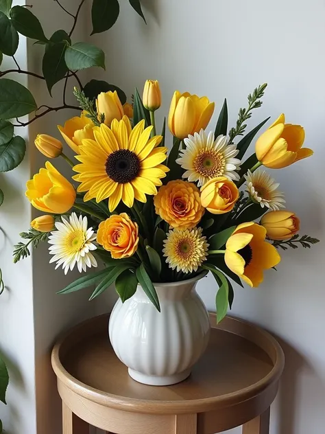 there is a bouquet of yellow tulips and daisies in a vase, chrysanthemum and tulips, bouquet, inspired by François Boquet, yellow flowers, realistic flowers oil painting, wrapped in flowers, no background, yellow, with flowers, yellows and blacks, roses an...