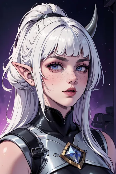 looking at viewer, double ponytail, bangs,  void goddess, space abyssal cosmic female deity, evil space void goddess, white latex and leather, white demon horns, a close up of a big female, calm expression, portrait, big tall mature body, medium length hai...