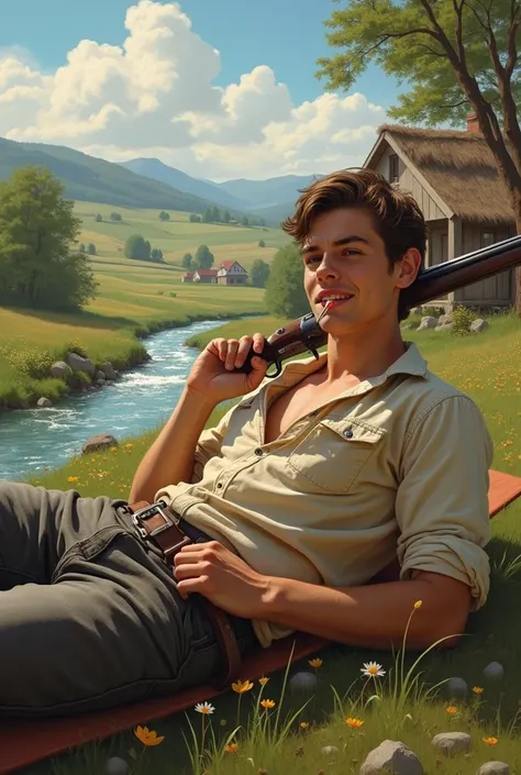 A handsome teen lies on a stretcher and holds a musket,He had a toothpick in his mouth, In front of the cottage ,next to the river beside the,In the countryside,Wear a farmers shirt 