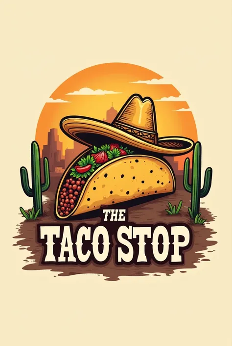 A logo of a company called "the taco stop" must have a taco and an old western theme with a taco with a sombrero