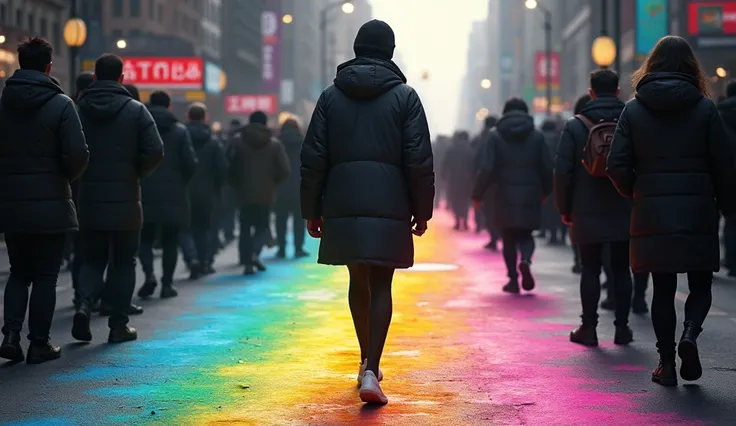 A person walking through a crowd, leaving behind colorful footprints. The crowds footprints are all identical and gray. Some people start to step into the colorful prints, their bodies gradually gaining color. Photorealistic urban setting with detailed clo...