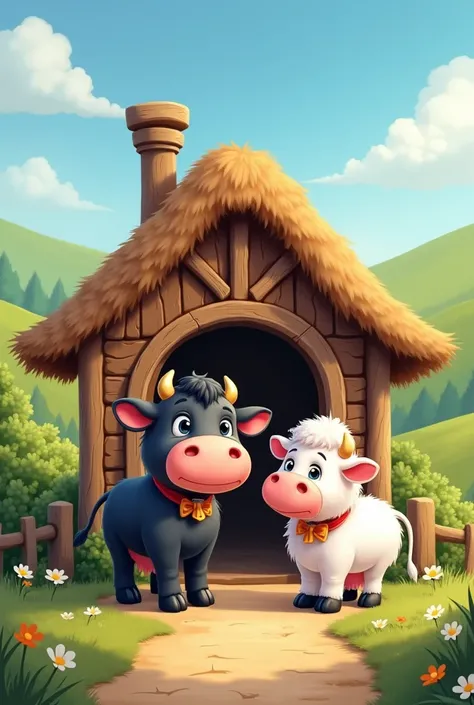 Cow house where 2 cow is kept 1 cow color is black 2 cow color is white like cartoon picture and both cow in distance gaps between both cow
