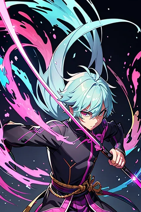 A teen boy, he has 12 crystal, the cyrstal color is blue red white green yellow grey light grey gold pink purple black cyan, holding a flexible katana, background of music mist style breathing, he is jumpung, his flexible katana is wraped around his body, ...