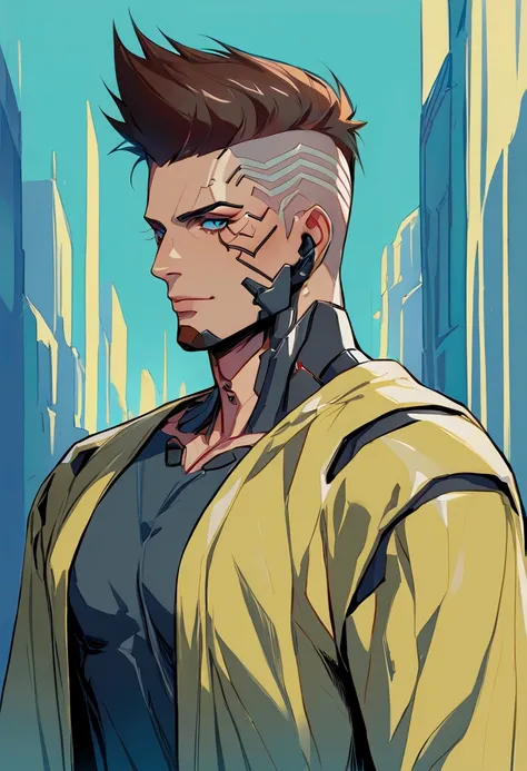 cyberpunk style city in the background, muscular man, masculine man with some cyberpunk style cybernetic implants, wearing cyberpunk style clothes, 2D DRAWING, 2D ART, 2D STYLE