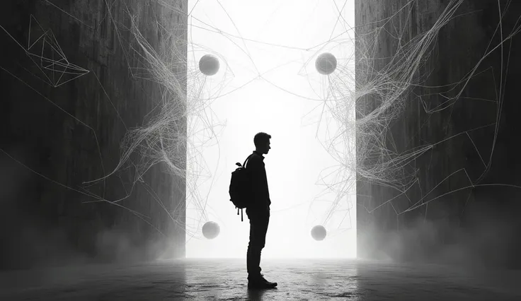 a dark black and white image with a man far away working alone lost in his thoughts with optical illusions with geometric shapes in the shape of a computer wallpaper
