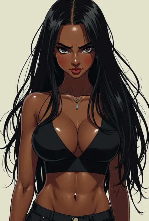 Anime black thick girl with black straight hair 