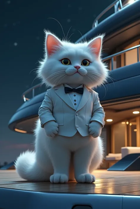  A white realistic floppy cat wearing top and pant standing  on luxury futuristic yacht at night