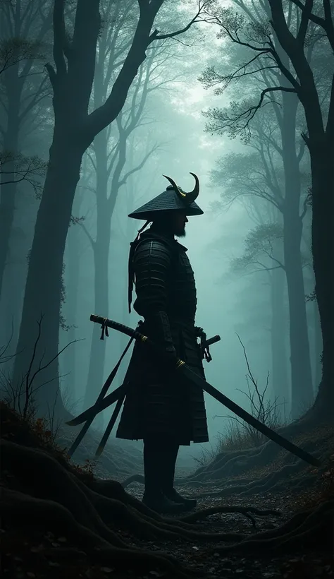 Samurai, standing in dark forest