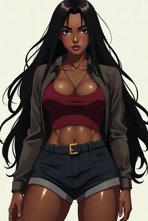 Anime black thick girl with black straight hair 