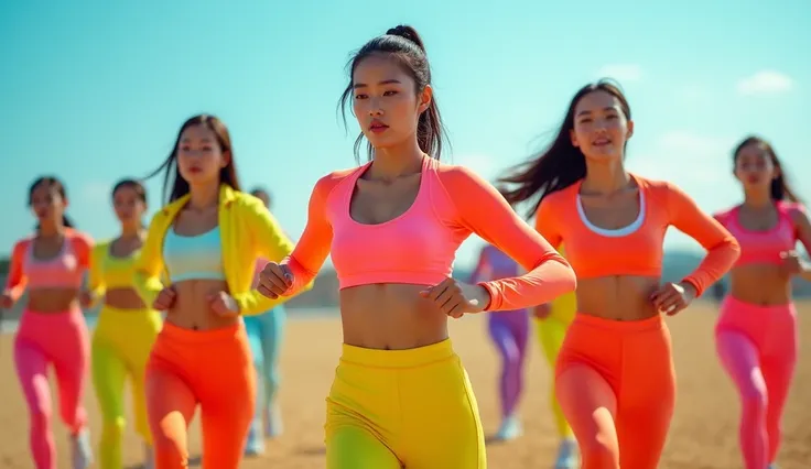 a group of korean women were doing aerobics in vibrantly colored tracksuits and leggings on a large field, they moved energetically to the rhythm of the music.