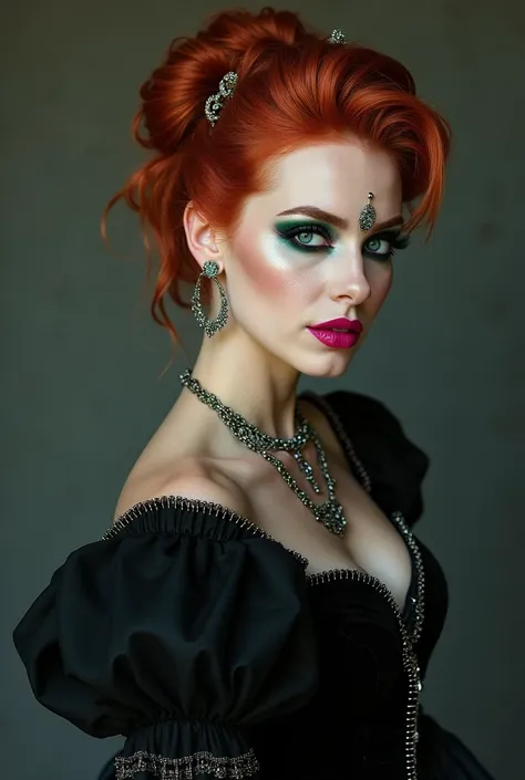 ((full body photo)), Full body shot of a woman, red platform High Heel Boots,  red hair updo gothic girl, Darkening eyeshadow, 30 years elegant woman, pale skin, Maroon black renaissance style chinoiserie dress with high collar, pink shiny lips, chains, Fu...