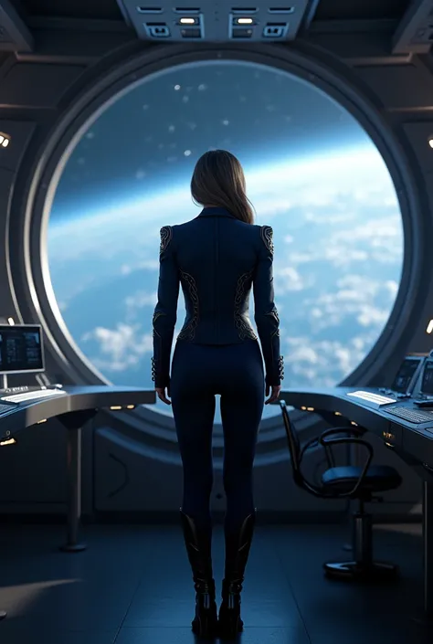 An elegant space ship commander standing with confidence and poise at the helm of a futuristic bridge. Dressed in a tailored, midnight blue uniform adorned with gleaming silver accents, the commanders back is towards the viewer, emphasizing their strong po...