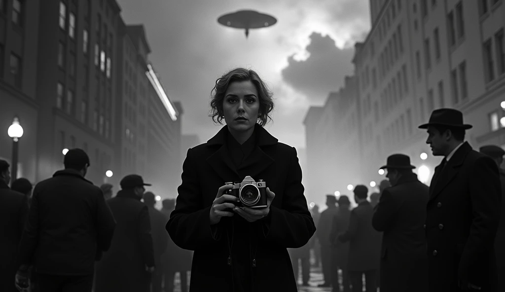 Create a dramatic scene set in 1963 at Dealey Plaza, featuring the enigmatic "Lady Babushka" (Irina Volkov) holding a vintage camera. Capture her mysterious expression amid a bustling crowd, with shadowy figures in the background discussing classified UFO ...