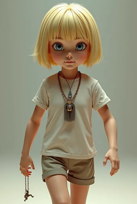 realistic 3d render of a giant blonde teenage girl with short hair wearing a necklace, with a thin chain. The necklace includes a small harness adapted to carry a man hanging from it. The necklace is shaking the man as she walks quickly