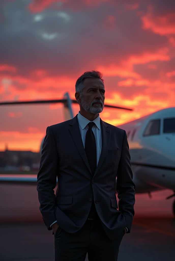 "A man at the airport, lost in memories of his struggles, standing next to his private jet as twilight begins to fall, the sky ablaze with vibrant colors."