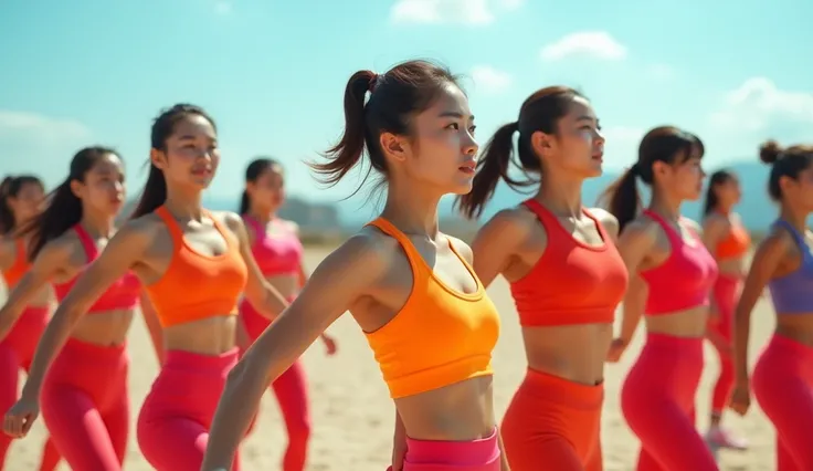 a group of korean women were doing aerobics in vibrantly colored tracksuits and leggings on a large field, they moved energetically to the rhythm of the music.