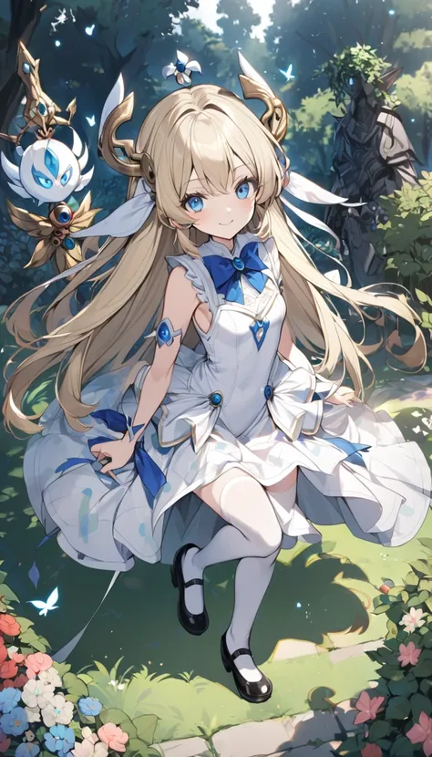 1girl, blonde hair, blue eyes, beautiful, garden, pure white one-piece dress, blue bowtie, white long stockings, black mary jane shoes, isekai, isekai style, fantasy, magical girl, smile