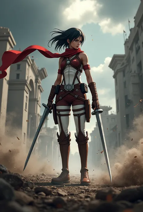 "Visualize Mikasa Ackerman from Attack on Titan in an epic, action-packed scene. She stands tall and fearless amidst the chaos of a massive battle, her iconic red scarf fluttering in the wind. Her piercing gaze reflects both determination and sorrow, as sh...