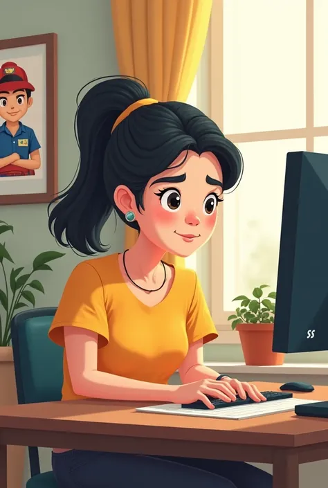 Bai Toey is sitting at her desk, writing an e-mail on her computer. Next to her is a picture of Boss in a special outfit for a volunteer activity. Bai Toey has a determined look on her face and hopes that she can help Boss understand the importance of volu...