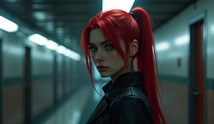 Portrait of Jesse Faden, the protagonist of &#39;Control&#39;, with ponytail and red hair, wearing a dark, modern outfit. She is in a room in a mysterious government building, with his aura of telekinetic energy. The atmosphere is surreal and intriguing, w...