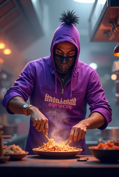  male seblak cook  ,on the clothes there is written BROTHER SEBLAK NAMPOL " Tune purple,Wear a cool mask, kitchen atmosphere aura effect