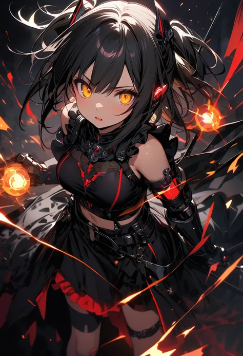 Girl, AIs, robot girl, long black hair, light skin, pale, yellow eyes, black frilly clothing, black metal parts, gauntlets, black crop top, black skirt, frills, long messy black hair, black and red glowing ear pieces