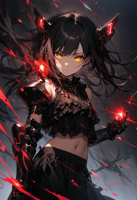 Girl, AIs, robot girl, long black hair, light skin, pale, yellow eyes, black frilly clothing, black metal parts, gauntlets, black crop top, black skirt, frills, long messy black hair, black and red glowing ear pieces