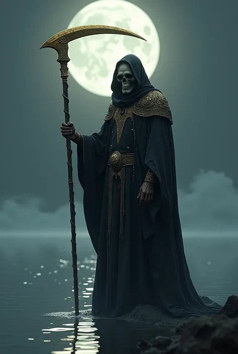 African male wearing royal black robe with hood with half face skeleton holding a golden scythe standing on a lake during full moon