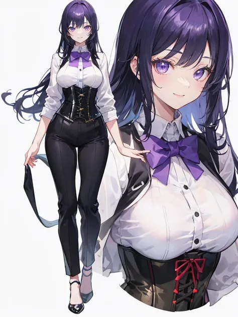 purple,Medium Long Hair,woman,suit,Black vest,Shirt with rolled up sleeves,((corset)),pants,High heels,(White simple background),smile,whole body,(full body),Portraits,Virtual YouTuber,upright,,Standing upright with face and body facing forward,