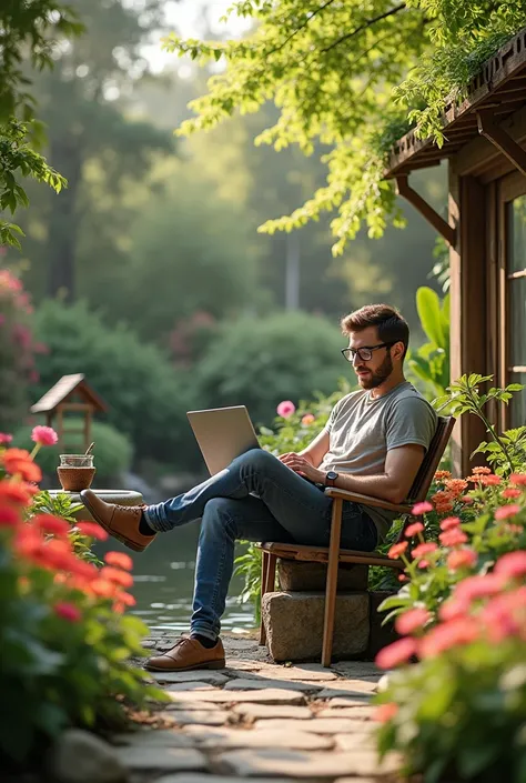 Software developer sitting in  beautiful 
garden
