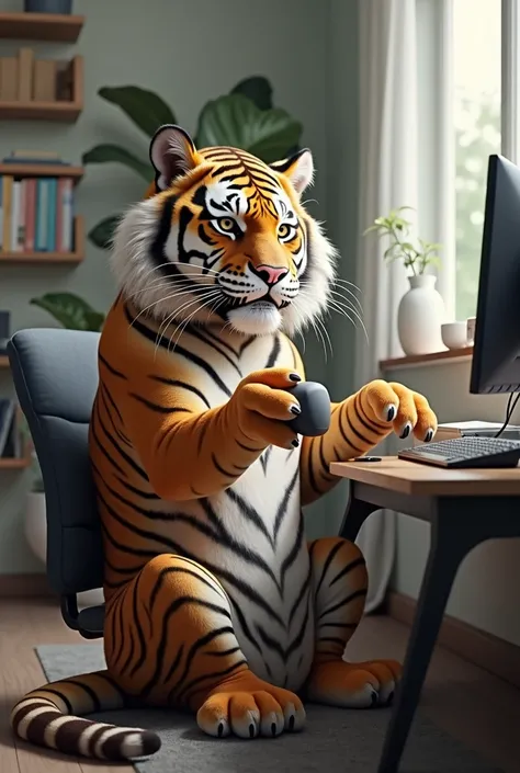 A tiger leans in front of a computer table with its legs crossed, holding a mouse in one hand. A look of happiness appeared on his face. And he is holding a computer mouse in one hand.