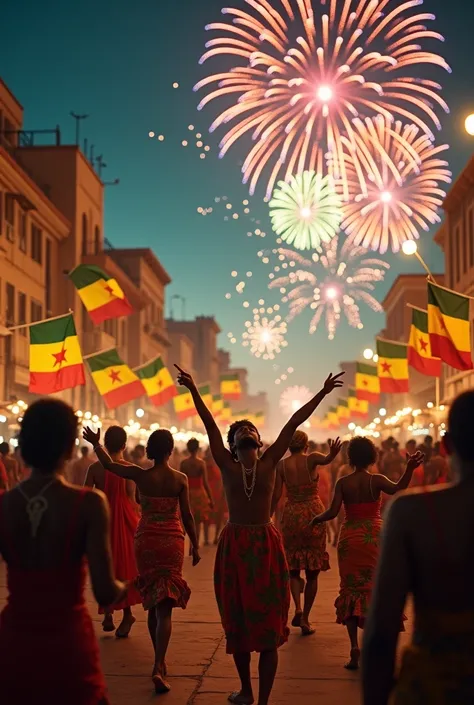 Une représentation festive de lindépendance du Mali, avec des drapeaux maliens flottants, des gens en vêtements traditionnels célébrant dans les rues, et des feux dartifice dans le ciel nocturne. Lambiance doit être joyeuse et pleine de couleurs, montrant ...