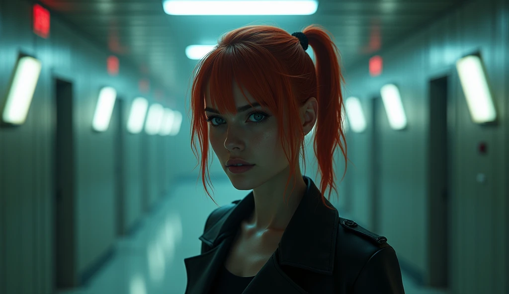 Portrait of Jesse Faden, the protagonist of &#39;Control&#39;, with short red ponytail hair, wearing a dark, modern outfit. She is in a room in a mysterious government building, with its aura of ((telekinetic energy)). The atmosphere is surreal and intrigu...