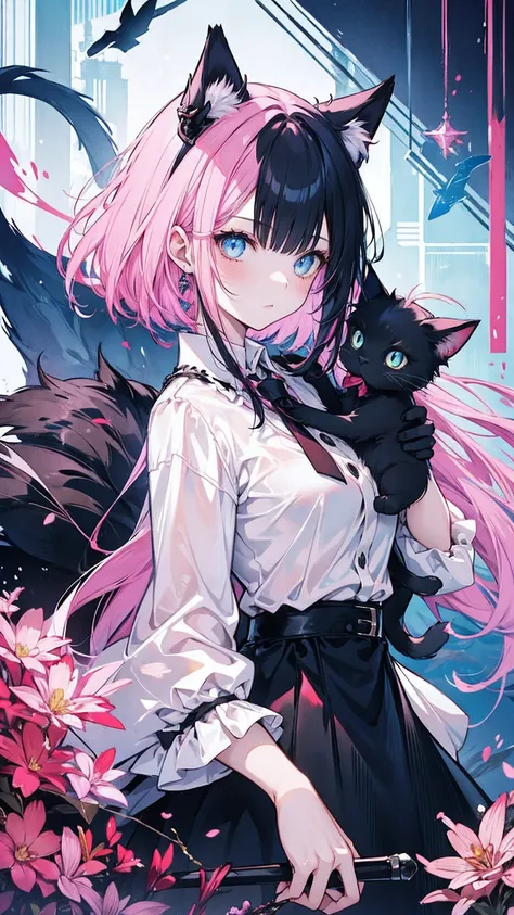 Girl with cat, Black Cat, Pink hair Blue eyes, Avatar