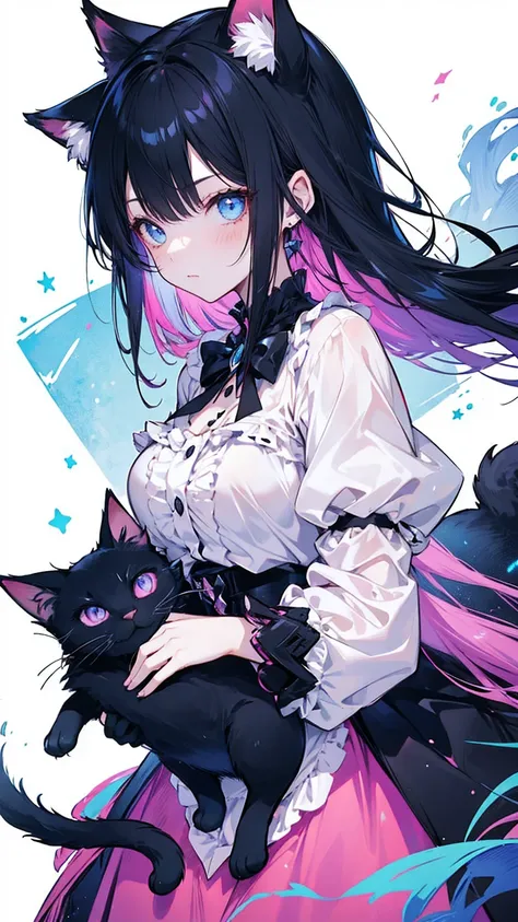 Girl with cat, Black Cat, Pink hair Blue eyes, Avatar