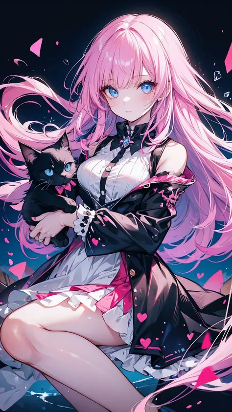 Girl with cat, Black Cat, Pink hair Blue eyes, Avatar