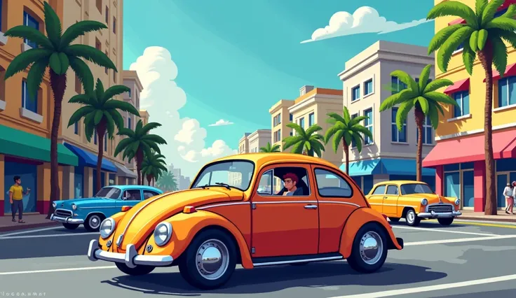 a car "Volkswagen Beetle" passing on a road, in the city of Rio de Janeiro. outdoors, pixel art, Pixel assets.