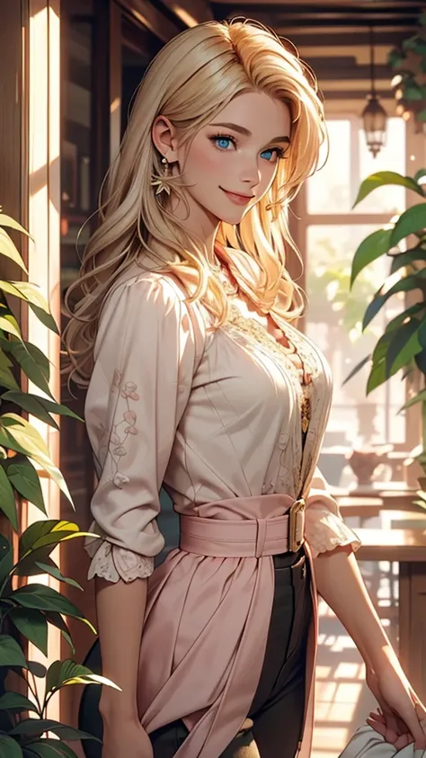 (Delicate and beautiful CG art),(highest quality, Very detailed, High resolution),(Dynamic Angle, Dynamic Lighting),(One character),(Long pink and blonde hair), blue eyes, Beautiful Face), 1 girl, (Long sideburns, plant, smile, wear Classic jodhpurs, stabl...