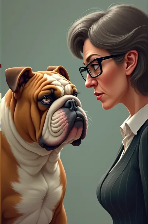 Bulldog with fat mad face woman with glasses 