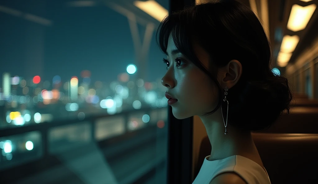 A woman staring pensively out the train window. The view from the train window is Tokyo at night.