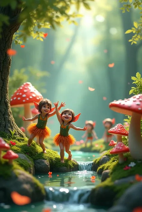 Happy spring elves mushrooms and water nymphs